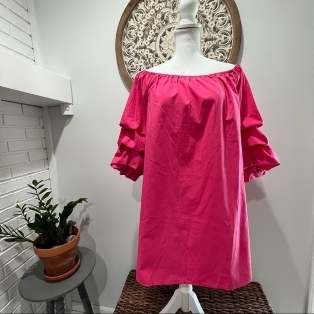 bleuh ciel Vivid Pink Ruffled Sleeve Dress On or Off Shoulder Mini Junior Medium